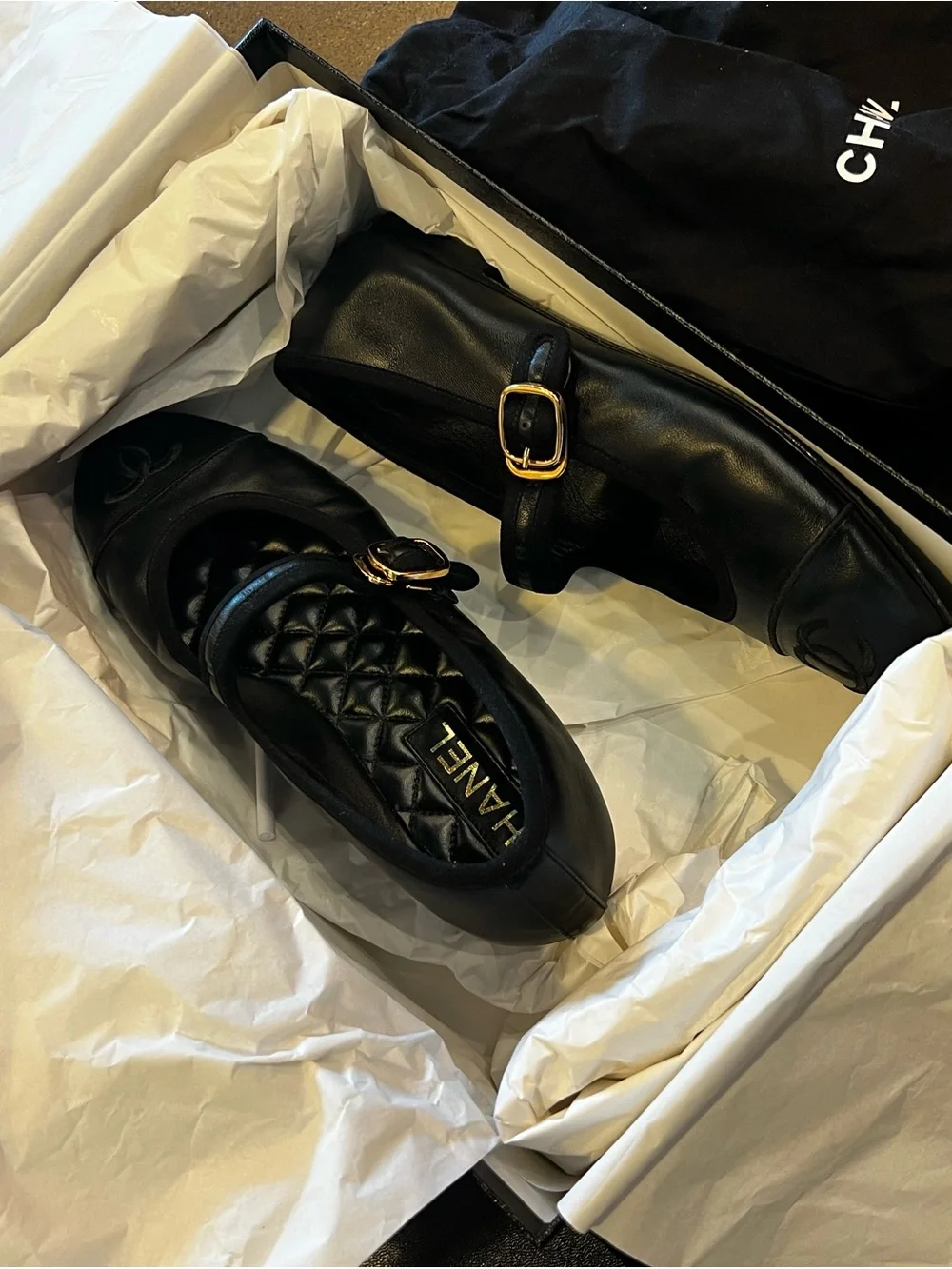 CHANEL Black Leather Mary Janes